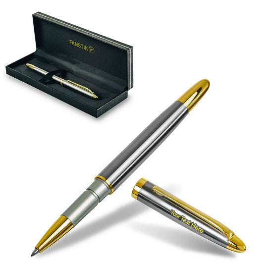 FANSTIK Customized RollerBall pen with name (MADE IN USA) Silver and gold, luxury engraved pen personalized for men and for women (RollerBall S-G)
