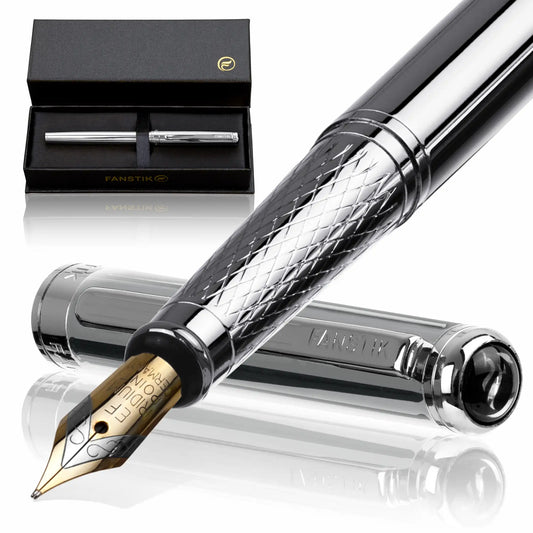 FANSTIK Customized Silver Luxury fountain pen (Made In USA) Chrome Finish, Professional executive pen gift set for men (Lux C-fountain Silver)