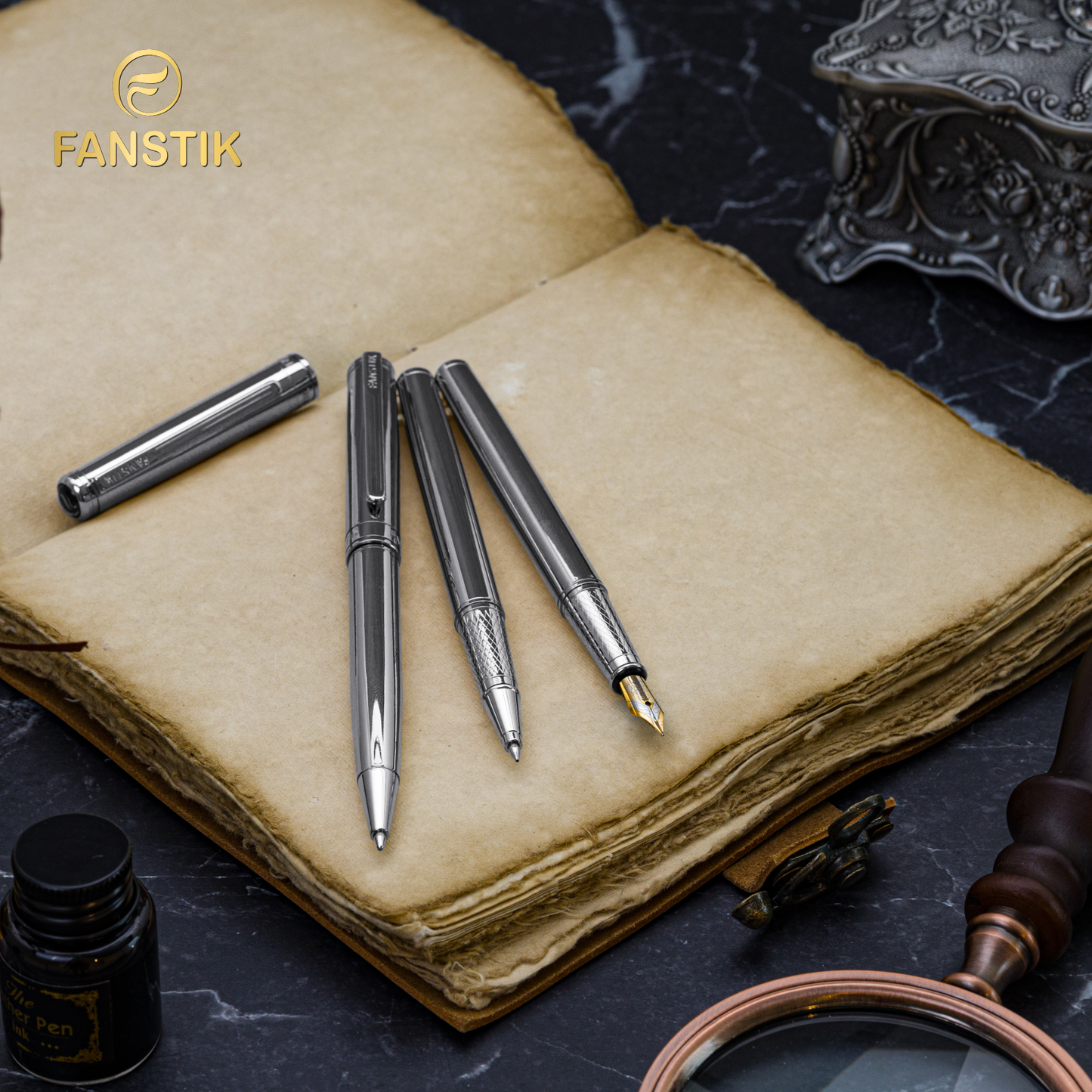 Luxury Silver Ballpoint pens (MADE IN USA) Fancy Pen, Real 24K Gold Plating (Lux BallPoint Silver)