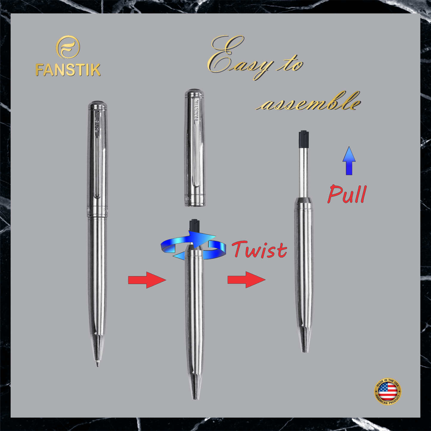Luxury Silver Ballpoint pens (MADE IN USA) Fancy Pen, Real 24K Gold Plating (Lux BallPoint Silver)