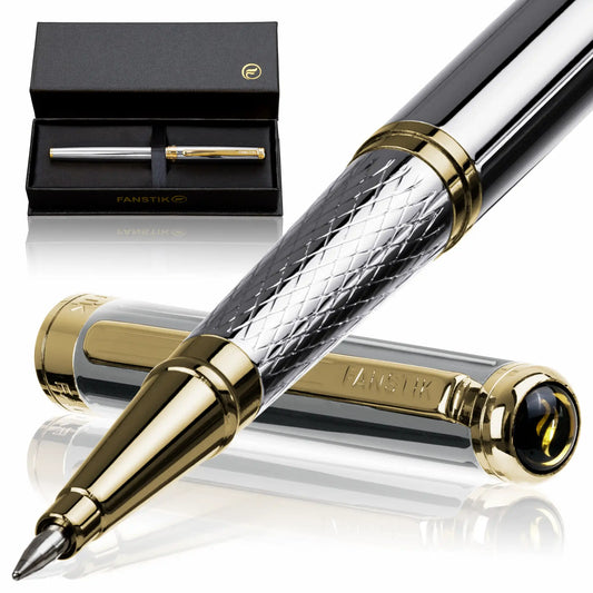 FANSTIK Silver&Gold Luxury Rollerball pen (Made In USA) Real 24K Gold Plating Professional executive pen gift set for men (Lux Rollerball Silver-Gold)
