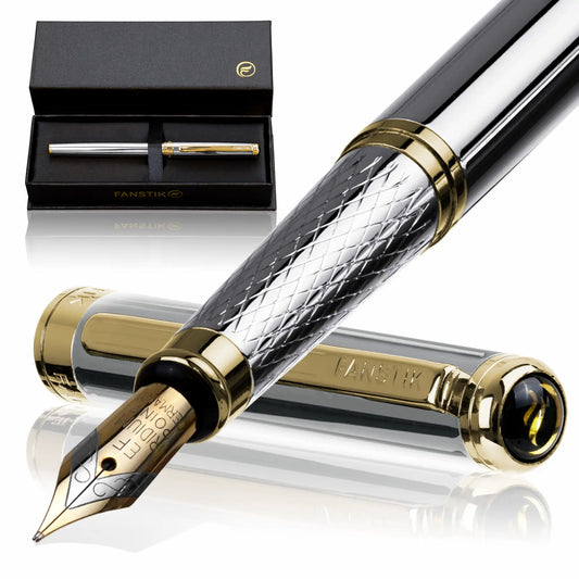 FANSTIK Customized Silver&Gold Luxury fountain pen (Made In USA) Real 24K Gold Plating Professional executive pen gift set for men (Lux C-fuente S-G)