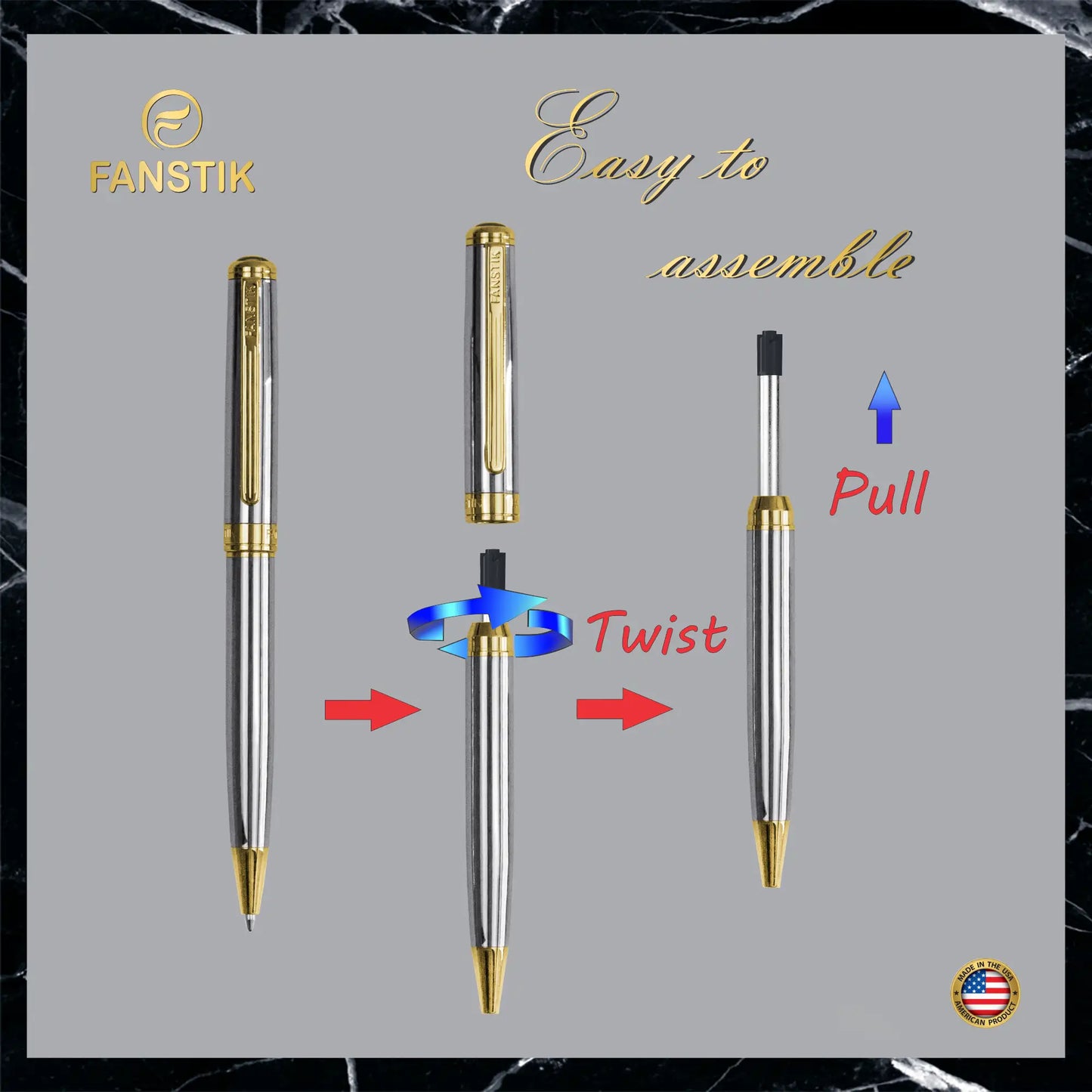 FANSTIK Customized Silver&Gold Luxury ballpoint pen (Made In USA) Real 24K Gold Plating, Professional executive pen gift set for men (Lux C-BallP S-G)